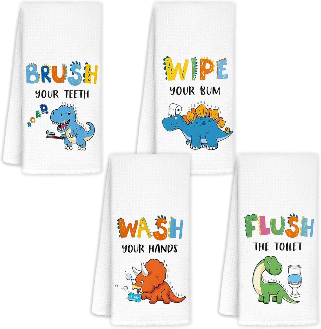 Dinosaur Towels for Kids Bathroom, Dinosaur Kids Bathroom Decor Sets of 4, Toddler Boys Girls Wash Your Hands Decor,16x24 in