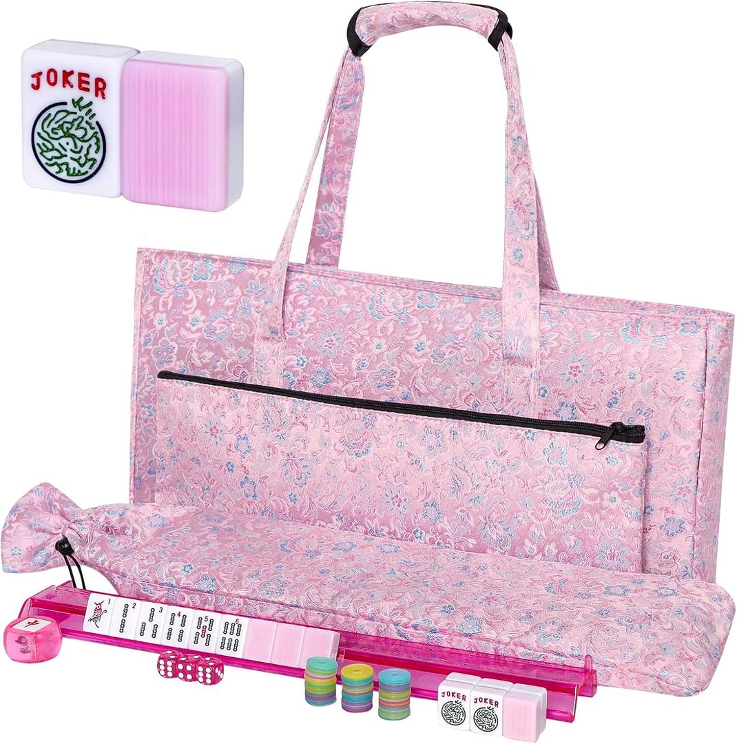 TIASUSAN American Mahjong Game Set, 166 Pink Tiles, Pink Bag and Entire Accessories, 4 All-in-One Rack/Pushers, Mahjong Tiles Set