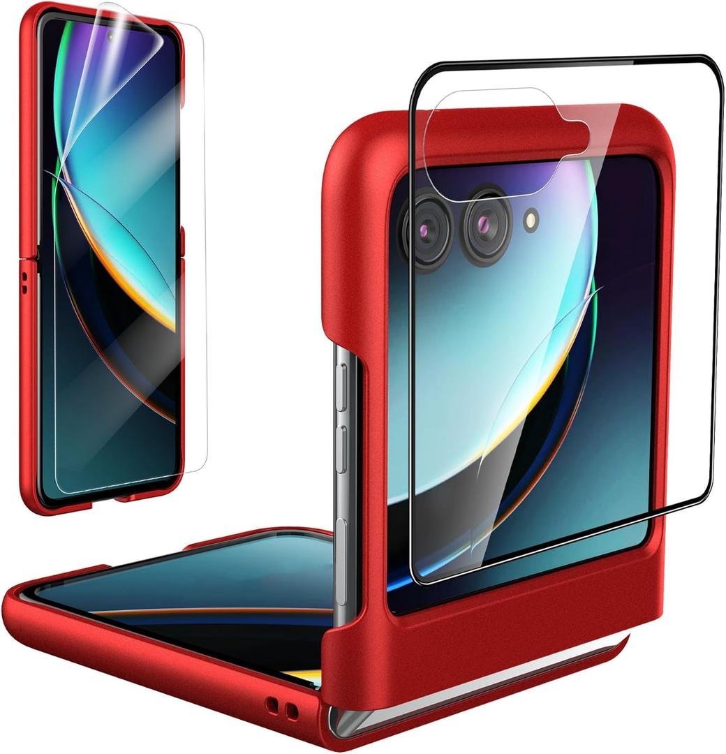 Foluu Slim Fit Case for Motorola Razr Plus 2023, with 1 Pack Soft Inner TPU Moto Razr Plus 2023 Screen Protector, 1 Pack Front Built-in Screen Protector, Matte PC Cover for Motorola Razr+ 2023 Red