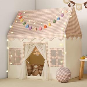 Senodeer Kids Play Tent Indoor: with Brown Checkered, Mat, Rainbow Tissue Garland, Star Lights  Girl Tent Indoor Playhouse for Girls Kids Toys for Boy Girl BAirthday for Kids Gift