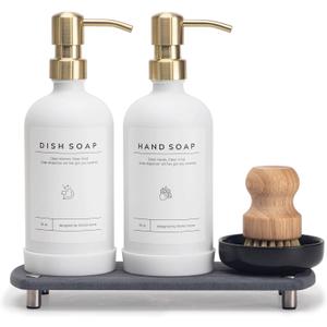 [Luxury] Kitchen Soap Dispenser Set - 16OZ White Glass Bottle, Stainless Steel Pump, Instant Dry Tray, Waterproof Labels, Non-Slip Silicone Pad, and Dish Brush | Upgrade for Your Kitchen and Bathroom (White Bottle + Gold Pump)
