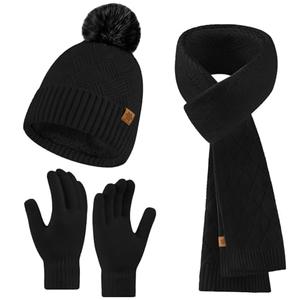Winter Hats Scarf Gloves for women men,Winter Clothes Knitted Fleece Lined Beanie Thermal Gloves Long Scarf (Black)