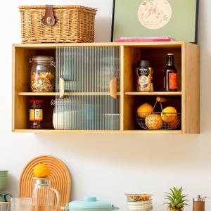 HollyHOME Bamboo Wall Mounted Kitchen Pantry Sideboard with 2 Doors and Adjustable Shelves, Freestanding Wall Storage Cabinet with Shelf for Bottle, Dish, Bowl, Console Dining Cupboard, Burlywood