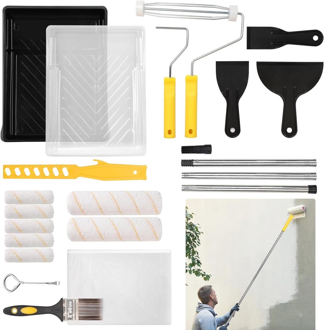 21 Pack Paint Roller Set, 4 Inch and 9 Inch Paint Roller with Frame, Extension Rod, Paint Tray, Flat Paint Brush, Scraper, etc., Professional Painting Supplies for Home Interior