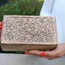 DharmaObjects Hand Carved Jewelry Trinket Keepsake Wooden Storage Box (Triple Moon, Large)