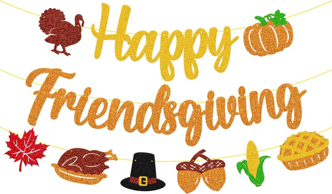 Happy Friendsgiving Banner Friends Given Garland Thanksgiving Day Party Decoration Fall Maple Leaves Turkey Pumpkin Pie Autumn Harvest Theme Party Supplies