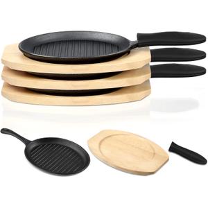 Tanlade 3 Sets Cast Iron Skillets Pre Seasoned Fajita Pan Heavy Duty Construction Sizzling Plates with Wooden Base and Silicone Handle Mitt, Black
