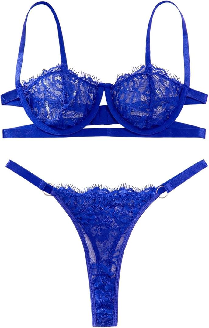 Lilosy Sexy Eyelash Underwire Floral Lace Sheer O Ring Linked Cutout Lingerie Set 2 Piece (Blue, L)