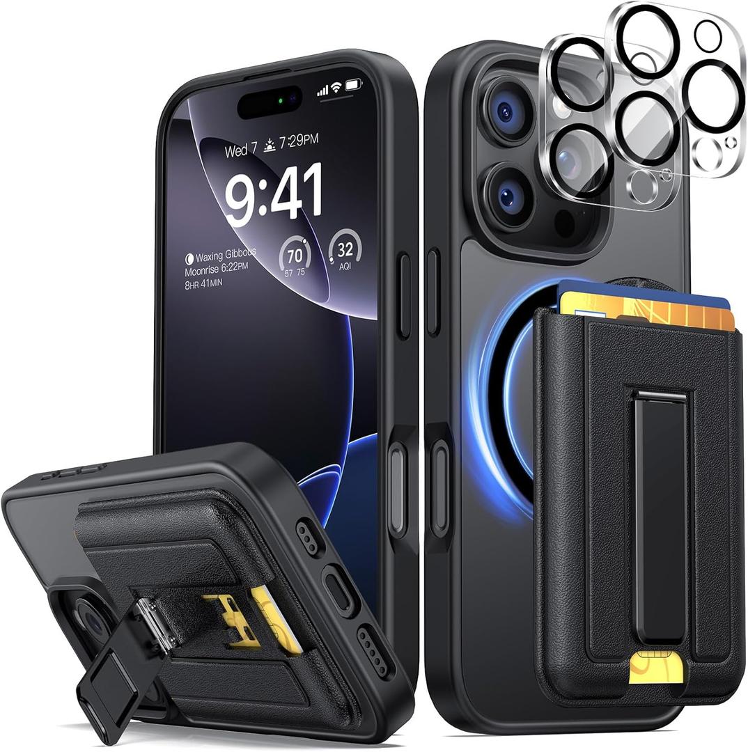 seacosmo for iPhone 16 Pro Max Case with Detachable Wallet & Card Holder & Kickstand for 3 Cards [Compatible with MagSafe] Military Grade Drop Protection, Slim Magnetic 16 Pro Max Case, 6.9", Black