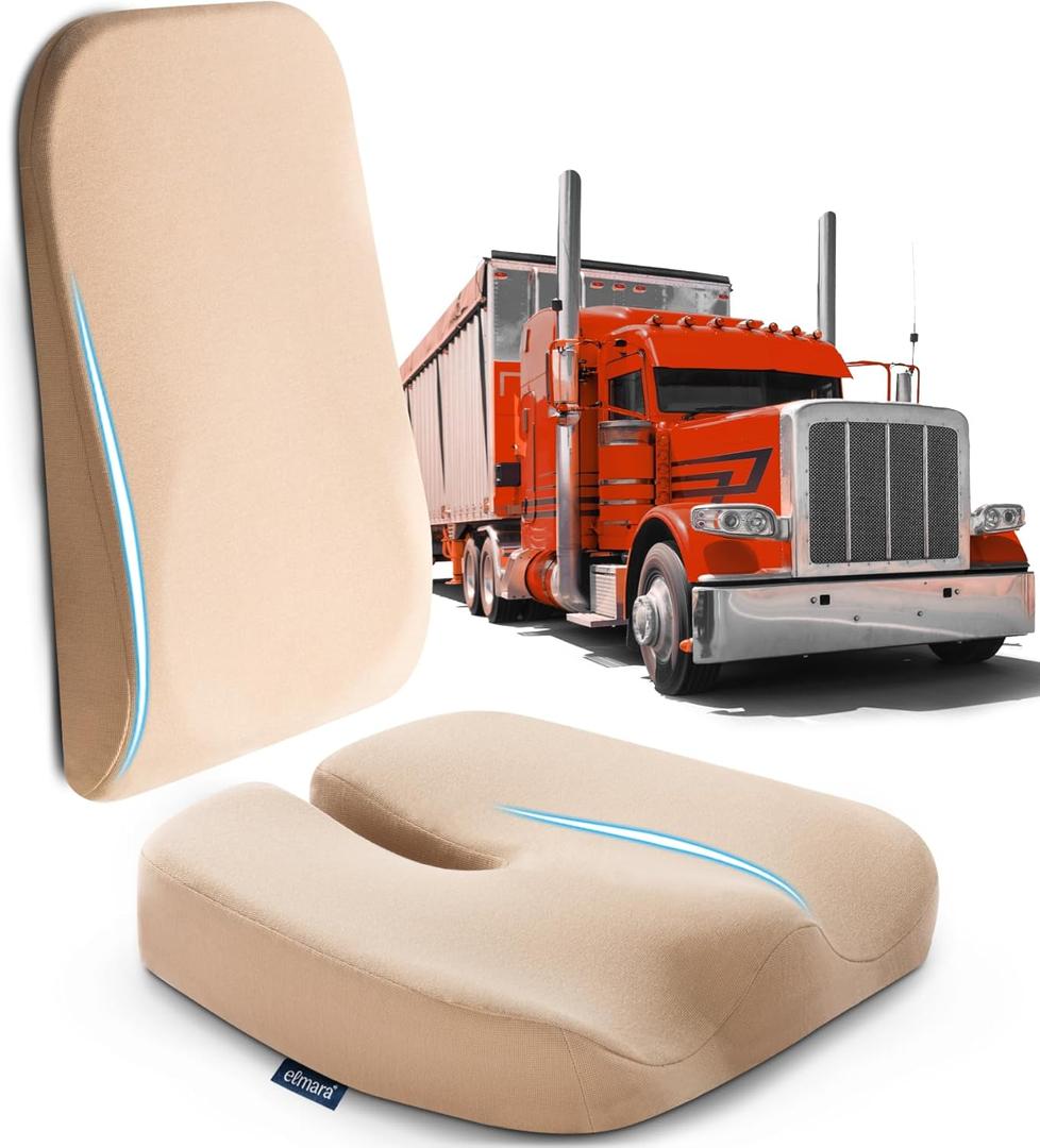 Elmara Doctor-Designed Seat Cushion for Truck Driver is The Ultimate Comfort Solution for 18 Wheelers  Semi Truck Seat Cushion & Back  Truck Driver Accessories (Cream)