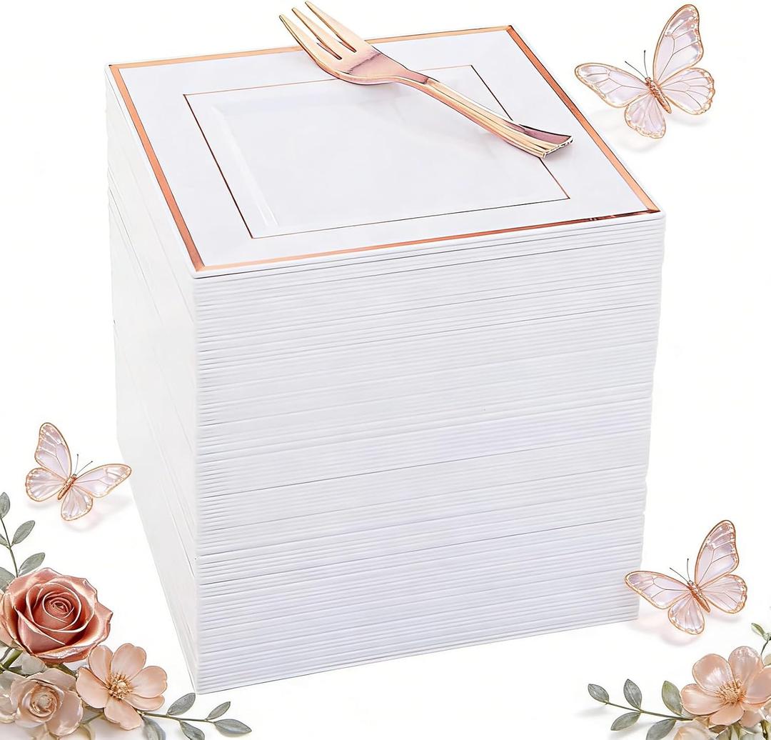 WDF 86pcs Rose Gold Dessert Plates 6" with 86 Pieces Disposable Forks 5", Elegant Square Appetizer Small Plastic Plates for Mother's Day, Wedding