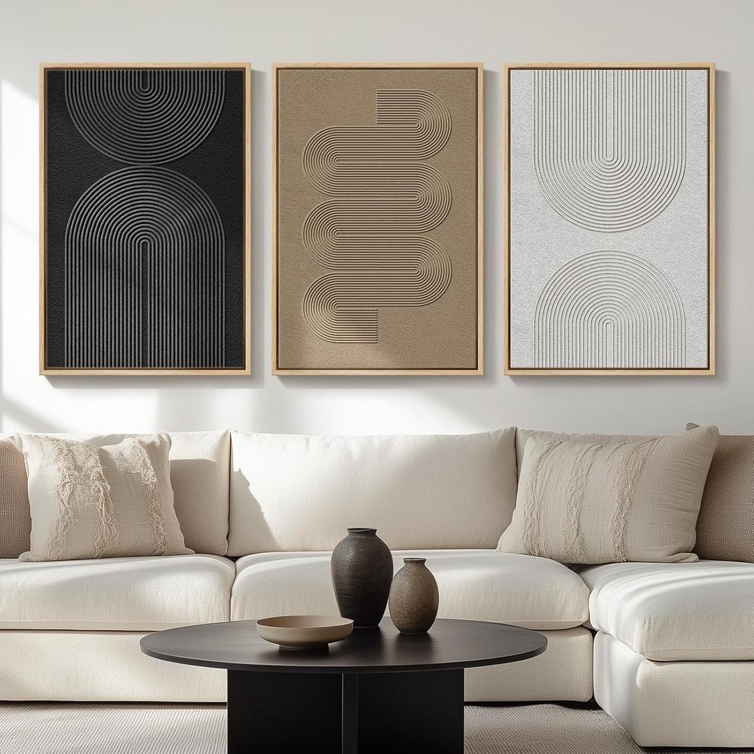 Large Framed Boho Modern Neutral Abstract Wall Art for Living Room, 3 Piece Black and White Canvas Prints Paintings Artwork for Walls, Geometric Pictures for Office Bedroom Dining Room Decor, 24x36 In, 24" W X 36" H X 3pcs