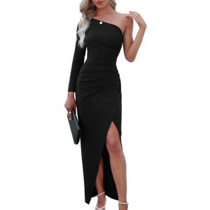 Sarin Mathews Womens One Shoulder Long Sleeve Cocktail Dresses Sexy Bodycon Ruched Wrap Split Party Formal Long Dress (Medium, Black)