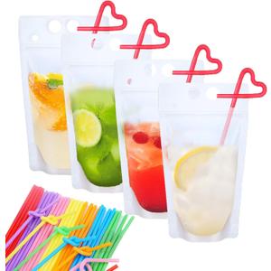 20 PCS Drink Pouches Bags with 20 Disposable Plastic Straws, Hand-held Frosted Translucent Reclosable Zipper Juice Pouches for Adults and Teens