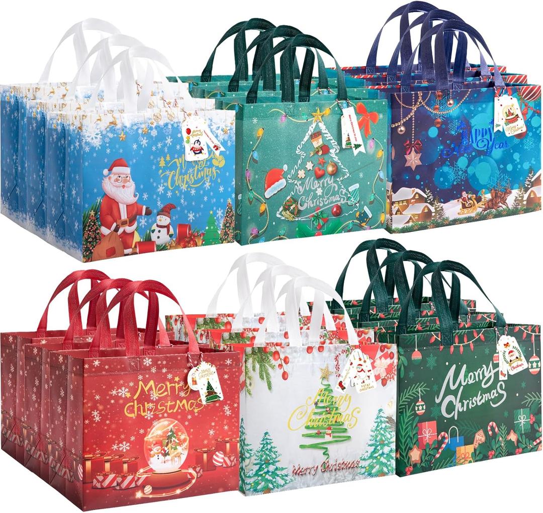 ZUIYIN 13" Large Christmas Gift Bags 18 Pack - with Gift Tags - Reusable Non-Woven Christmas Gift Bags with Handles for Holiday Xmas Party Gifts Wrapping Shopping (12.6"9.8"6.7") (Deep blue, White)