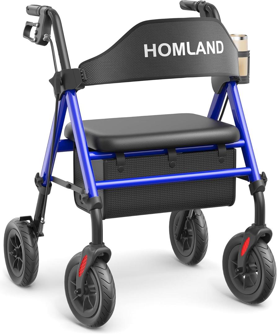 Walkers for Seniors with Seat, Foldable Rollator Walker, Reinforced Aluminum Frame, 8" Big Rubber Wheels for All Terrain, Height Adjustable Lightweight Rolling Walker (400 Pound, Blue)