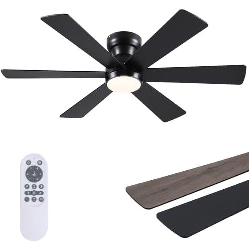 Asyko 46" Low Profile Ceiling Fan with Light and Remote Control,Black Modern Flush Mount Ceiling Fan with Lights for Bedroom, Reversible, Dimmable, Noiseless