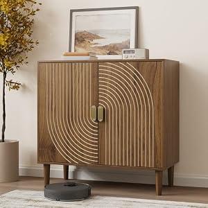 Smuxee Walnut Sideboard Cabinet, Freestanding Buffet Cabinet with Line Groove Design, Wood Storage Cabinet with Adjustable Shelf for Living Room, Entryway, Hallway