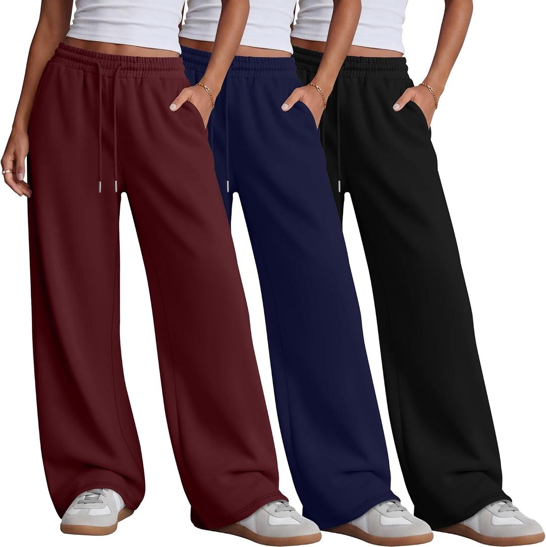 Neer 3 Pack Women's Wide Leg Sweatpants Yoga Baggy Lounge Pants Travel Cozy Workout Drawstring Loose Joggers with Pockets Black, Dark Blue, Wine Red Small