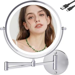 9" Wall Mounted Makeup Mirror with Light, Chrome 10X Magnifying Mirror, Bathroom Shaving Mirror, 3000mAh USB Charging (960C10X)