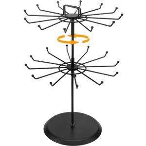 MyGift 2 Tier Black Metal Rotating Necklace and Bracelet Organizer Jewelry Stand with 24 Hooks, Multipurpose Accessory and Keychain Spinning Display Rack with Top Handle Card Holder