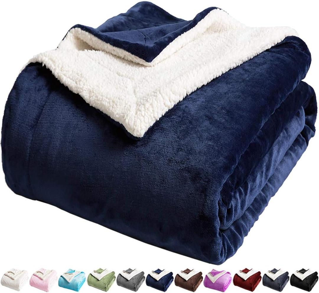 LBRO2M Sherpa Fleece Bed Blanket King Size Super Soft Fuzzy Plush Warm Cozy Fluffy Microfiber Couch Throw Velvet Double Reversible Luxurious Blankets,Navy Blue (King(90x104 Inches))