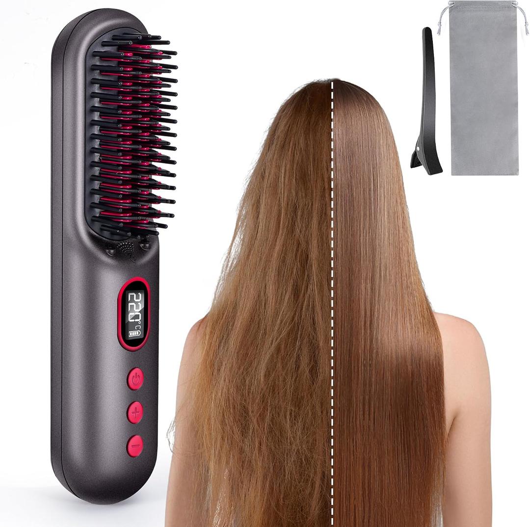 LAMA Cordless Hair Straightener Brush - Portable Hair Brush - 20s Fast Heating - 130 Million Plasma for Frizz-Free Shine, 9000mAh Mini Hair Straightener Comb for Women Travel, LED Display Hot Comb,BK
