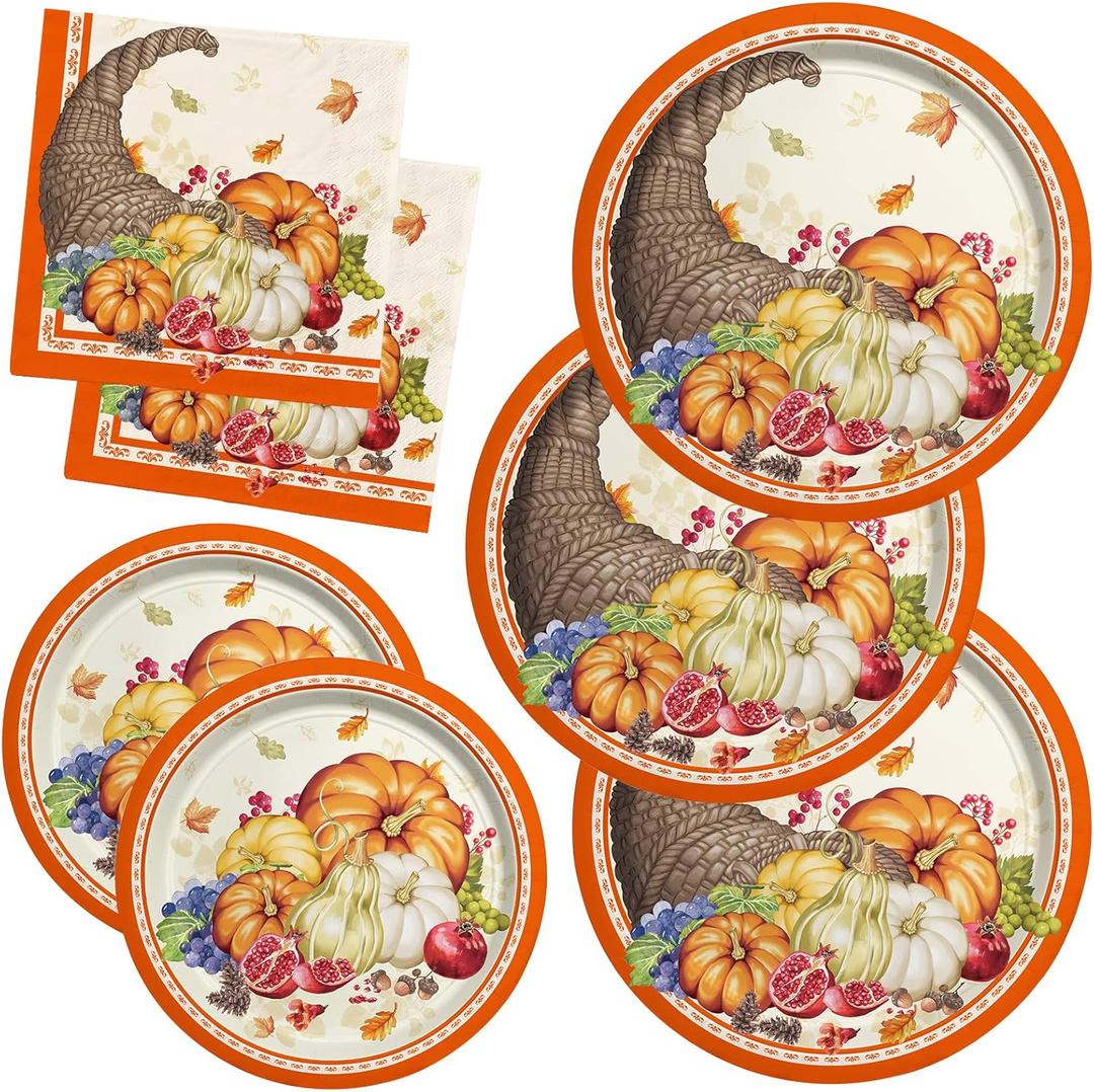 Fall Pumpkin Harvest Party Supply Kit Includes Cornucopia Disposable Paper Dinner Plates, Dessert Plates and Napkins for Thanksgiving Autumn Party Decorations, Serve 50