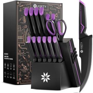 Knife Set - 15 PCS Kitchen Knife Set with Built-in Knife Sharpener Block - Stainless Steel Knife Block Set - Dishwasher Safe, Elegant Box for Men Women