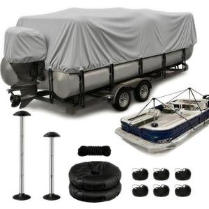 Heavy Duty Pontoon Boat Cover with Support Poles - 1200D Waterproof Pontoon Boat Cover 17-20 ft, Includes Motor Cover & 14 Tie-Down Straps for Windproof Storage and Trailering, Gray