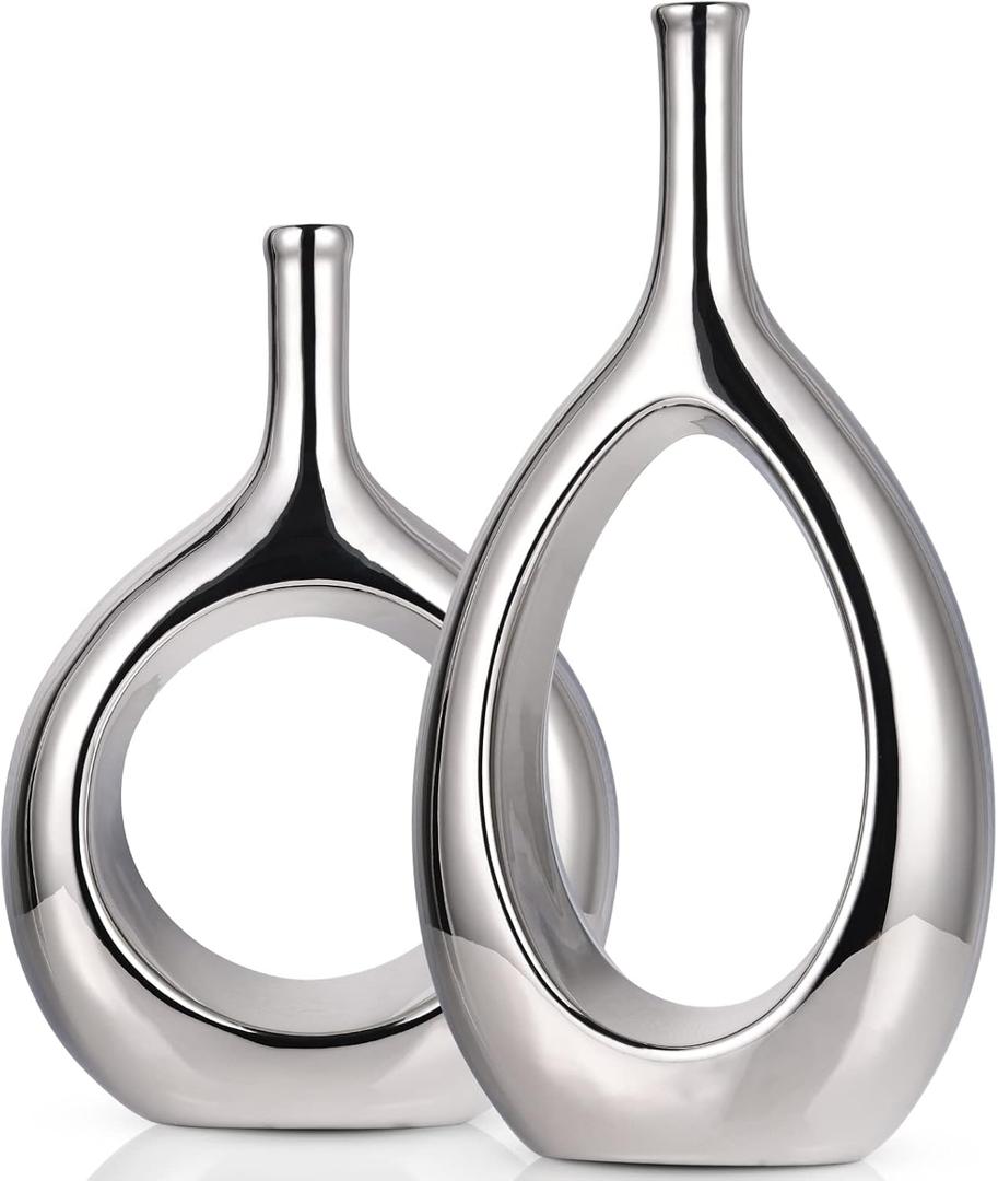 Glossy Silver Vase Ceramic Silver Vases Home Decor,Modern Minimalist Circle with Hole Decorative Vase, Hollow Ellipse Flower vases for Bookshelf, Fireplace Mantle, Centerpieces,Farmhouse,Rustic Dcor