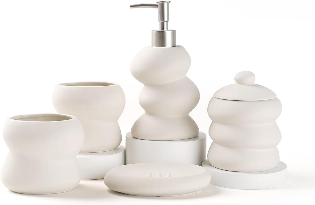 Bathroom Accessory Set 5PCS, Ceramic Bathroom Accessories Set, Irregular Shape Small Bathroom Sets Accessories Complete, Home Apartment Minimalist Decor Vanity Countertop, Beige, ANTIS'S HOME (White)