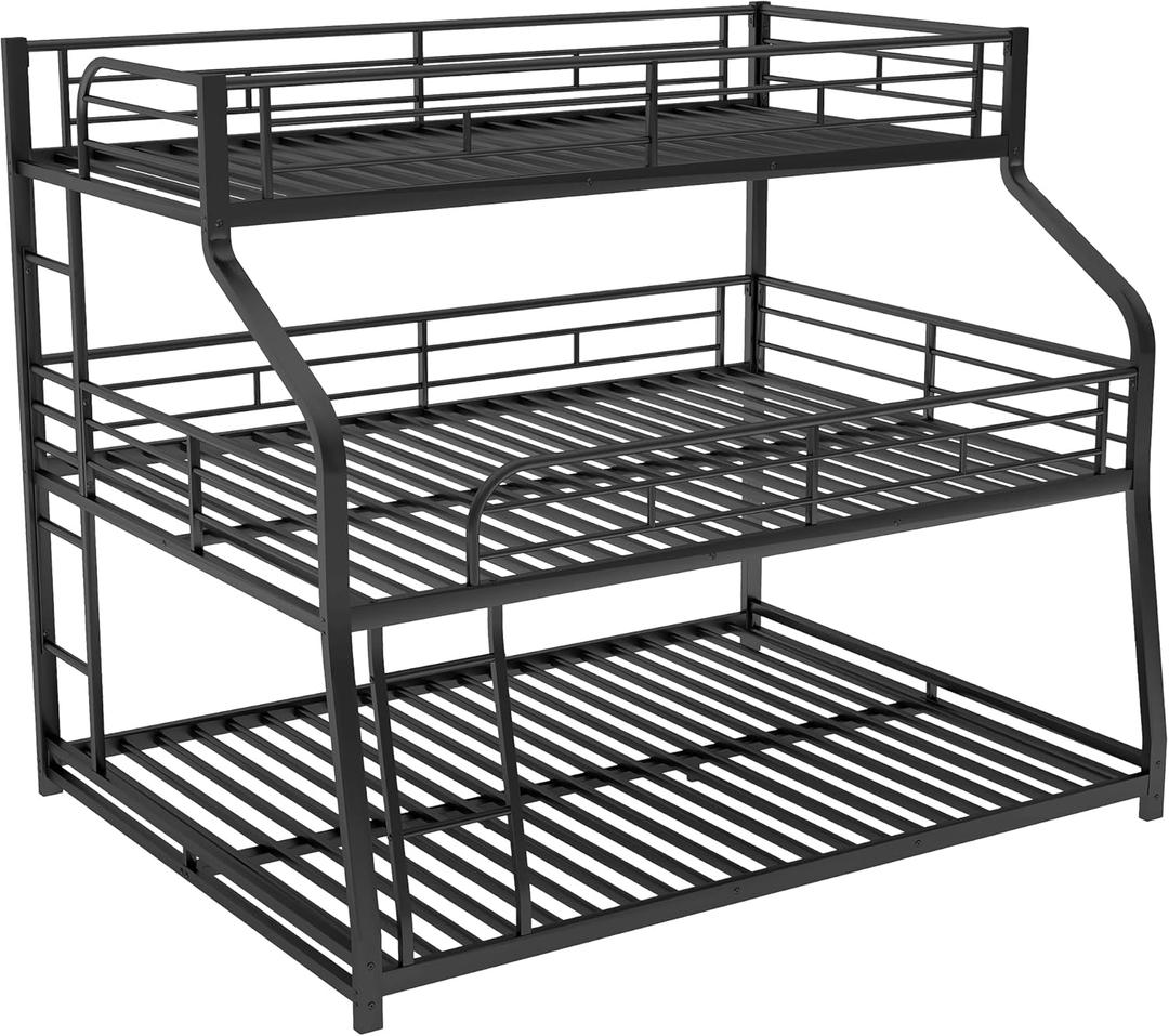 Bellemave Heavy Duty Triple Bunk Bed for Multiple Kids,Twin XL Over Full XL Over Queen Size Triple Bunk Bed with Long and Short Ladder for 3 Kids,Unique Curved Metal Frame,Black