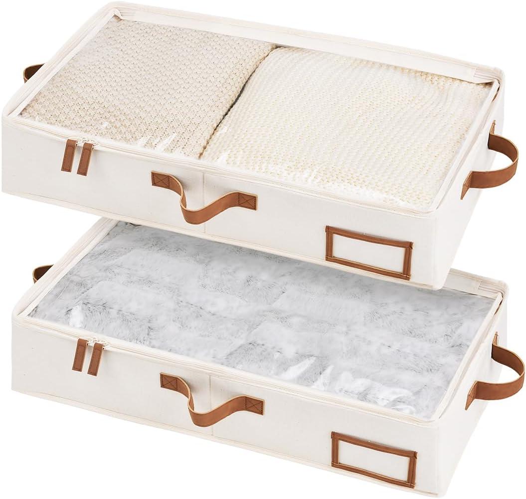 StorageWorks Under Bed Storage Containers with Handles and Label Holder, 2 Pack Ultra-thick Fabric Underbed Bins, Closet Organizer for Clothes, Blankets, Sweater (Medium, Ivory White)