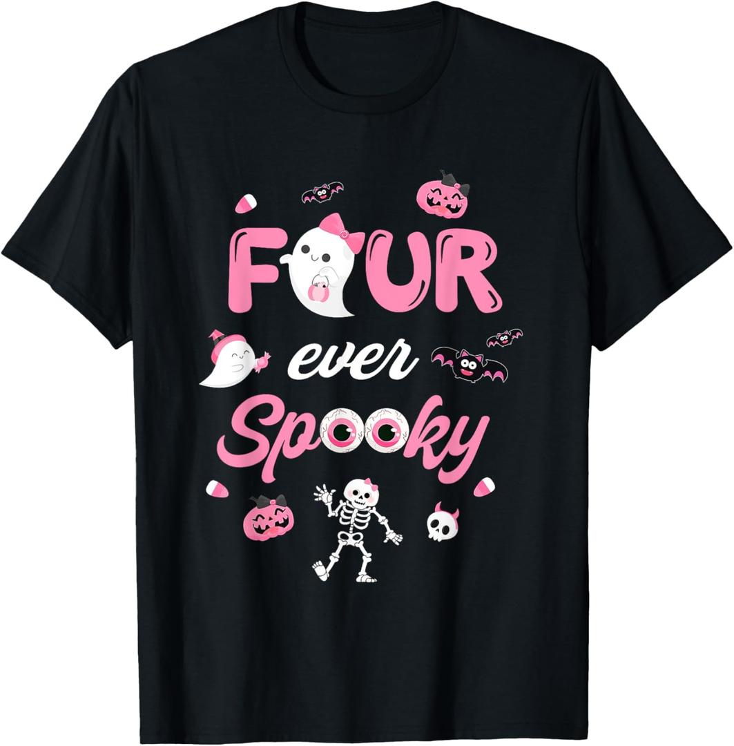 Four Ever Spooky Halloween Ghost 4th Birthday Girl Bow Ghost T-Shirt (Black)