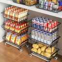 3-Tier Rolling Pantry Floor Organizer and Storage Cart with Wheels, Stackable Wire Pantry Baskets for Pantry Shelves, Kitchen Fruit Basket Stand and Storage Rack for Fruit Snack Onion Potato