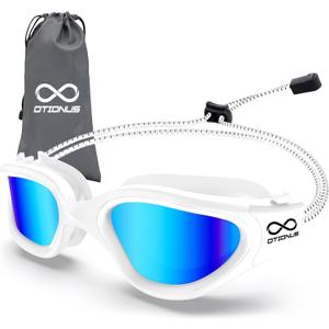Swim Goggles, Polarized Adult Swimming Goggles Bungee Strap No Hair Pulling Anti-fog Pool Goggles for Men Women (06-white/Polarized Mirror Blue)