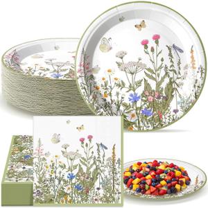 Qinyoung 100 Pcs Floral Tea Party Plates and Napkins Sets Wildflower Party Supplies Floral Paper Plates and Napkins Disposable Spring Themed Baby Shower Tableware for Summer Wedding, Serve 50 Guests