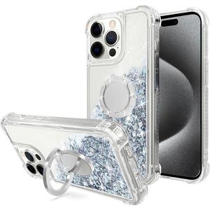 for iPhone 15 pro Case,Bling Moving Liquid Floating Sparkle Colorful Glitter Waterfall TPU Protective Case with Ring Kickstand, Silver
