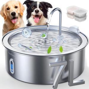 7L/1.8Gal Stainless Steel Dog Water Fountain, for Large Dogs, Cats, Multi-Pets, Ultra Quiet with 5-Layers Filtration, Pet Dog Water Bowl Dispenser, 236 fl oz with 2 Filters (FN-W14)