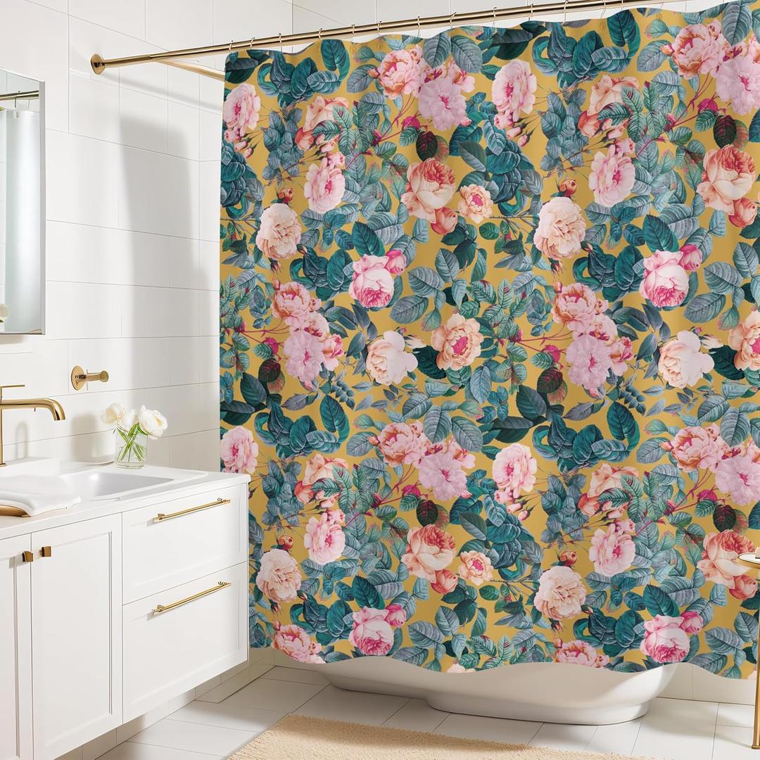 Yellow Pink Peonies Floral Print Shower Curtain - Pretty Flower Pattern - Modern Colorful Classic Design - Vintage Style Cool Fabric Shower Curtain For Any Bathroom - 72x72 Inches (Yellow Floral)