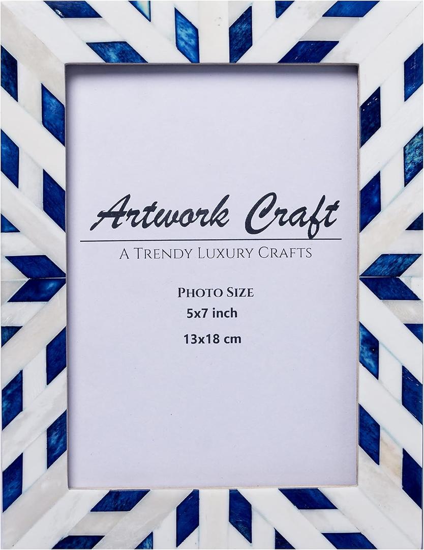 Boho Blue 5x7 Bone Photo Frame  Handcrafted Aztec Chevron Pattern | Vintage Tabletop & Wall Decor | Rustic Bohemian Picture Frame for Living Room, Bedroom, Office