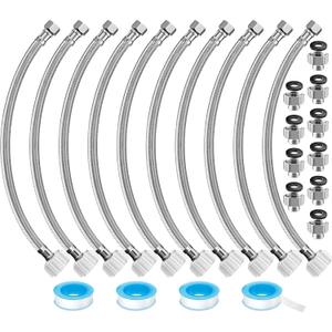 10 Pack 16 Inch Toilet Water Supply Connector Line Braided Stainless Steel, 3/8 Female Compression x 7/8 Female Ballcock Thread Includes 10 Pcs 3/8 to 1/2 Water Line Adapter and 4 Pcs Plumber's Tape