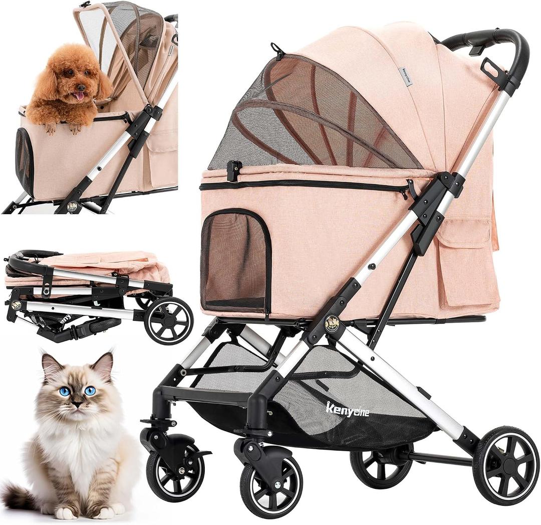 Medium Dog Stroller, Kenyone Pet Stroller for Medium Dogs Up to 55lbs, Lightweight Aluminum Frame, One Click Folding, Large Cat Stroller with No Zip Entry, Detachable Mesh, Multiple Pockets