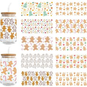 UV DTF Cup Wrap Transfer Stickers for Glass, 10 Sheets Christmas Themed Cup Transfer Stickers, Suitable for 16OZ Libbey Cups, Perfect for Crafting Cup Decals, Furniture Decor, Wood DIY Crafts Style 1