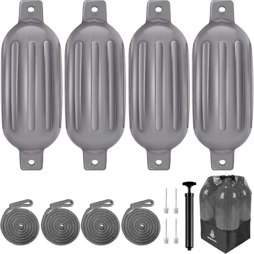 Dreizack Boat Fenders 4 Pack, Boat Bumpers for Docking with 4 Ropes, Inflatable Ribbed Marine Pontoon Boat Fender Bumper for Docks with 1 Storage Bag, 1 Air Pump and 4 Needles (8.5 inch, Grey)