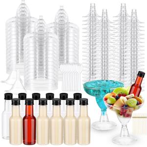 Baderke 20 Sets 5oz Plastic Charcuterie Cups with 1.7oz Mini Salad Dressing Bottles 50 Cocktail Picks, 50 Spoons Forks, 2 Funnels Disposable Snack Appetizer Cups for Wedding Birthday Party Supplies