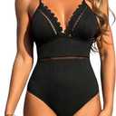SweatyRocks Women's Scalloped One Piece Bathing Suit Crisscross Tummy Control Swimsuit (Large, Black)