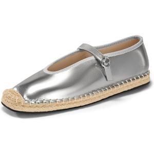 Coutgo Womens Espadrilles Mary Jane Flats Closed Sqaure Toe Mesh Ballet Flats Comfortable Dress Shoes (Silver)