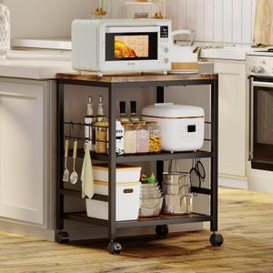 Homeiju 3-Tier Wooden Microwave Cart with Storage, 22.4''W Microwave Stand Coffee Cart Rolling Kitchen Utility Cart with Wheels, 5 Hooks, Rustic Brown and Black